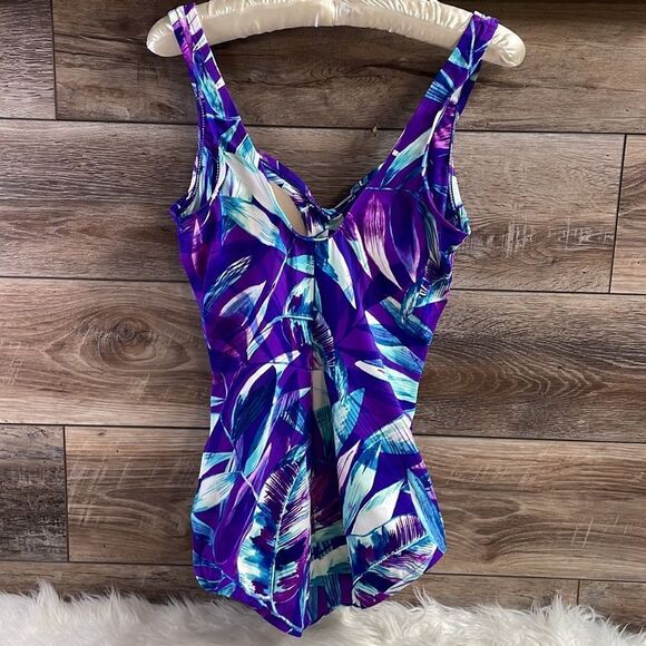 Maxine Ladies One Piece Tropical Print Swim Suit Bathing Suit Sz 12 Teal Purple - Picture 4 of 6